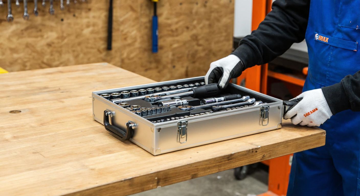 A sturdy metal toolbox filled with neatly arranged, polished Somafix socket wrench pieces, resting on a wooden workbench in a well-lit Turkish workshop, with a mechanic's gloved hand reaching in to select one.