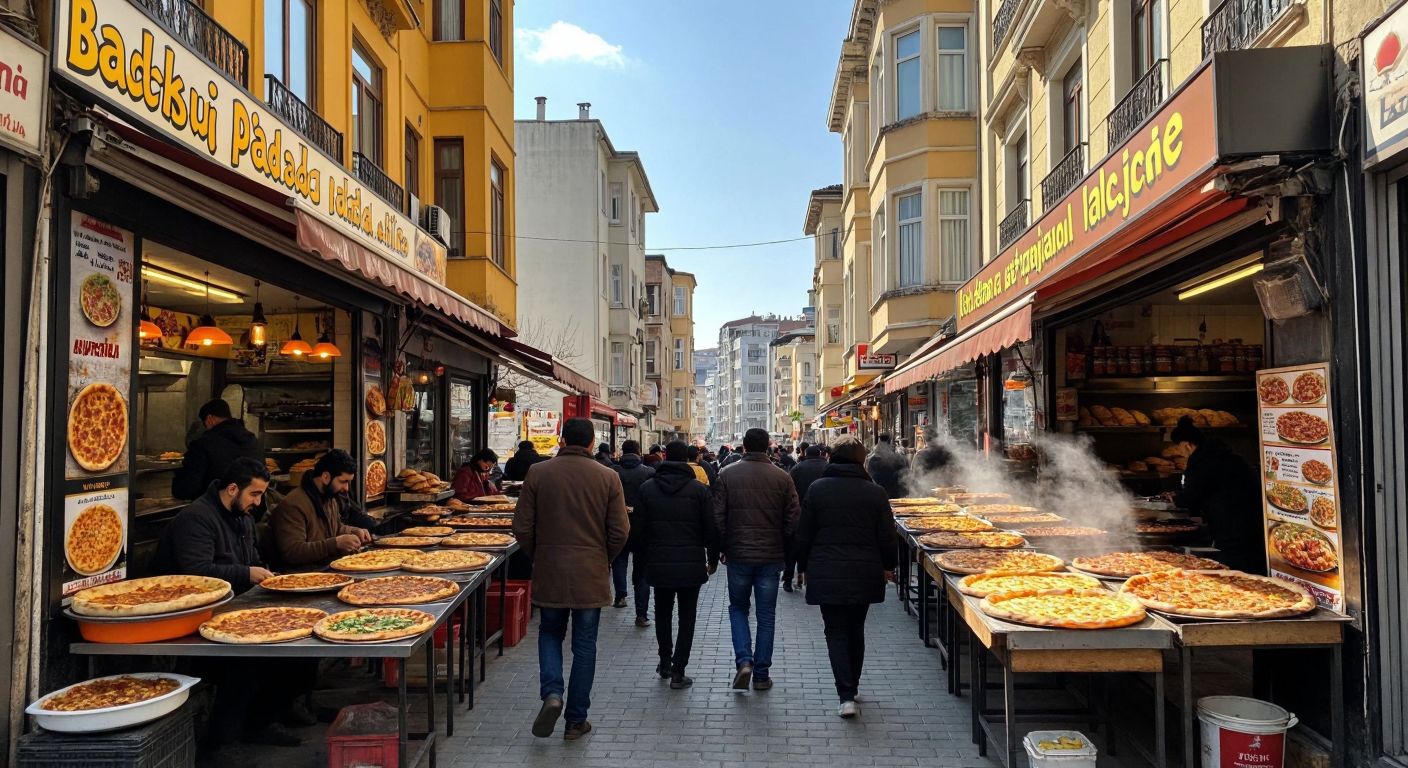 A bustling street in Istanbul with two distinct storefronts—one in Başakşehir and another in Esenler—each displaying golden, steaming trays of freshly baked pide and lahmacun, surrounded by eager customers enjoying the savory aromas.