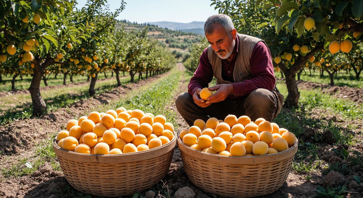 A sunlit orchard in Malatya with two baskets side by side—one filled with large, heart-shaped apricots (Hasanbey) and the other with smaller, round yellow apricots (Malatya variety)—while a farmer in traditional Turkish clothing examines them with curiosity.