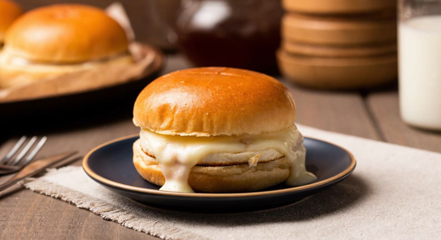 A golden-brown süt burger with a creamy filling sits on a small plate, surrounded by a warm, cozy kitchen setting in Turkey, evoking a sense of indulgence and comfort.