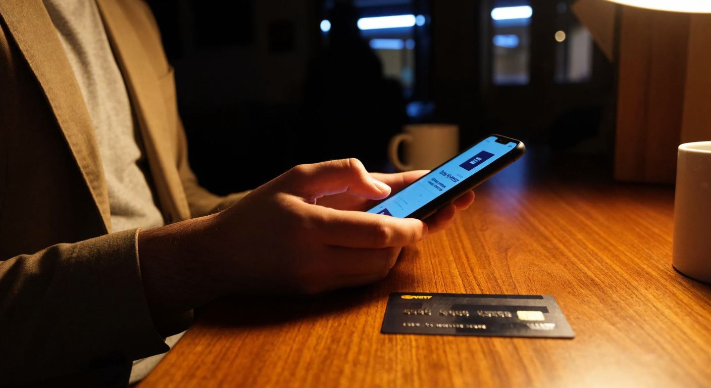 A person in Turkey sits at a wooden table, focused on a smartphone with a virtual wallet open, while a credit card lies nearby under warm indoor lighting.