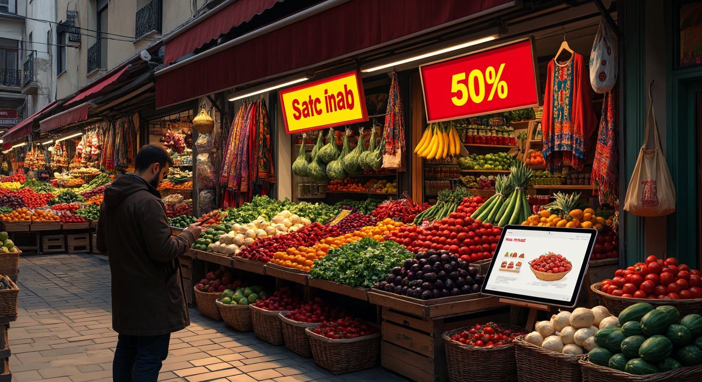 A vibrant Turkish bazaar stall with colorful textiles, fresh produce, and a bold red-and-yellow discount sign, while a designer sketches a clean, minimalist poster on a tablet nearby.