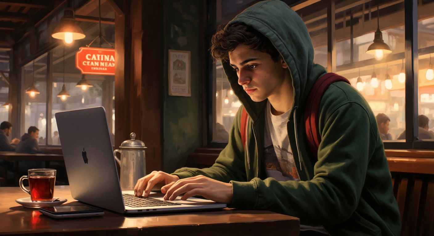 A young student in a cozy Turkish café, wearing a university hoodie, intently typing on a laptop with a focused expression, while a steaming cup of çay sits beside them, and the glow of the screen reflects their determined face.