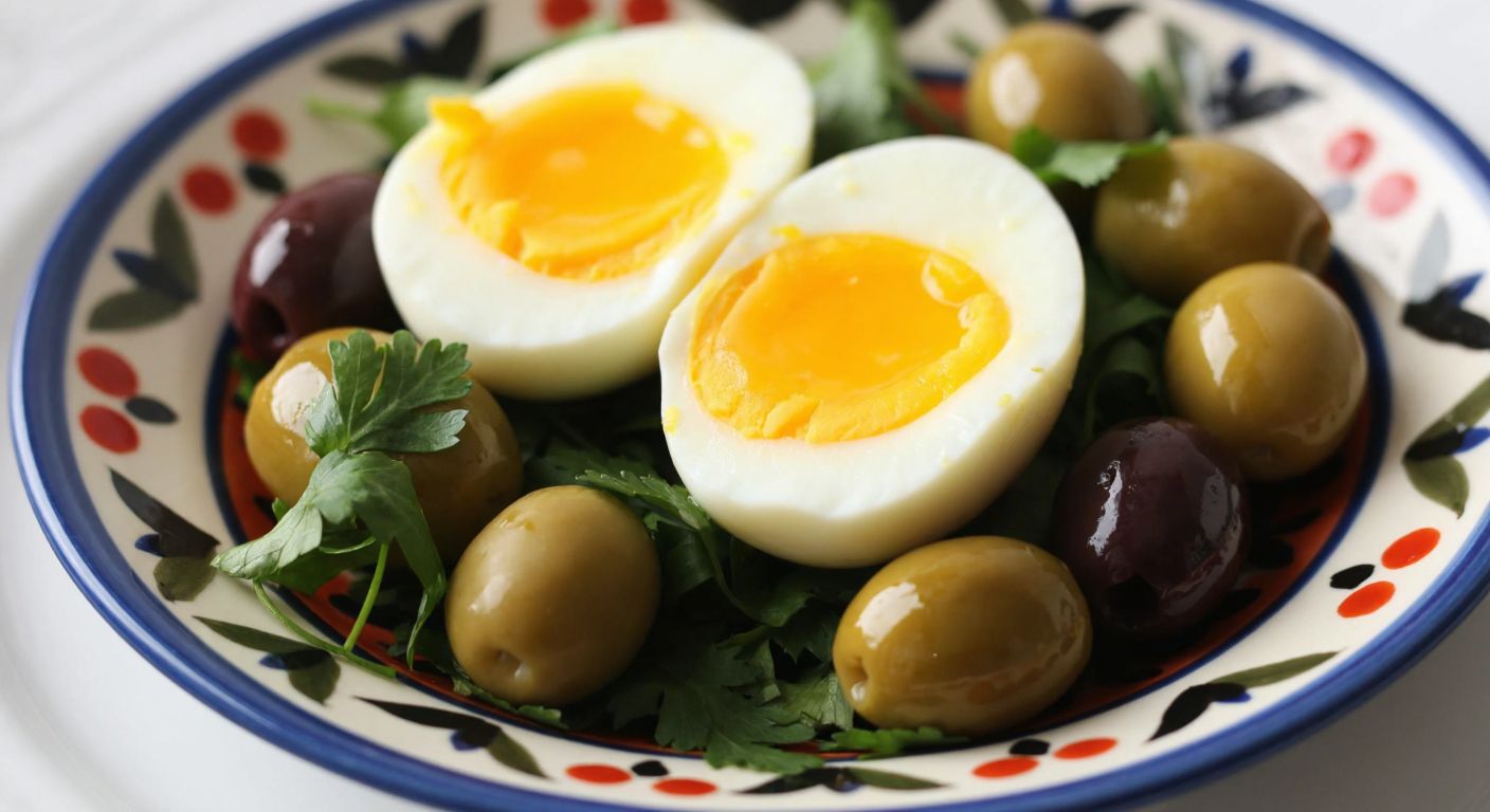 A close-up of a rustic Turkish breakfast plate with two halved boiled eggs, their golden yolks exposed, nestled beside fresh herbs and olives on a hand-painted ceramic dish.