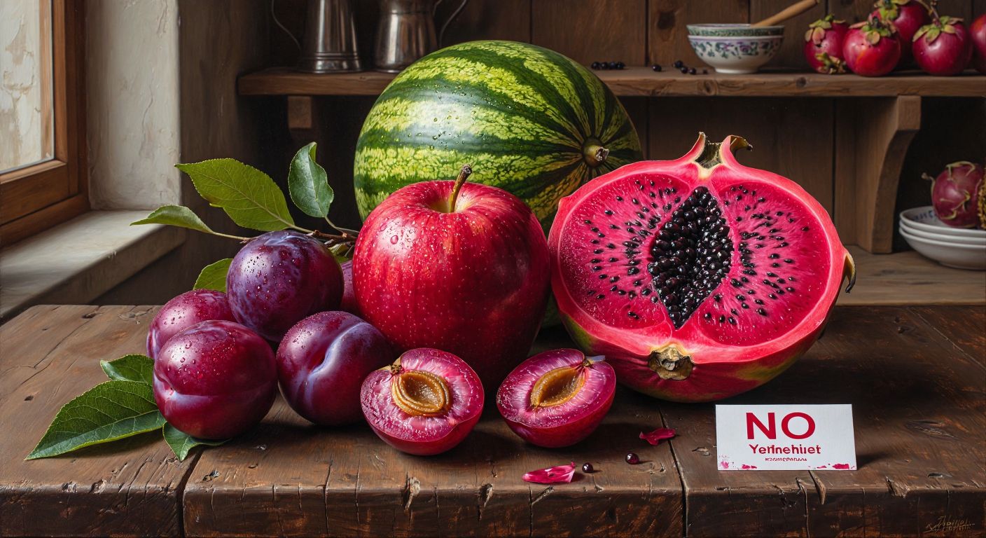 A vibrant wooden table in a Turkish kitchen holds a crisp red apple, a handful of purple plums, and a sliced pink dragon fruit, with a small warning sign (no text) near a toxic watermelon.