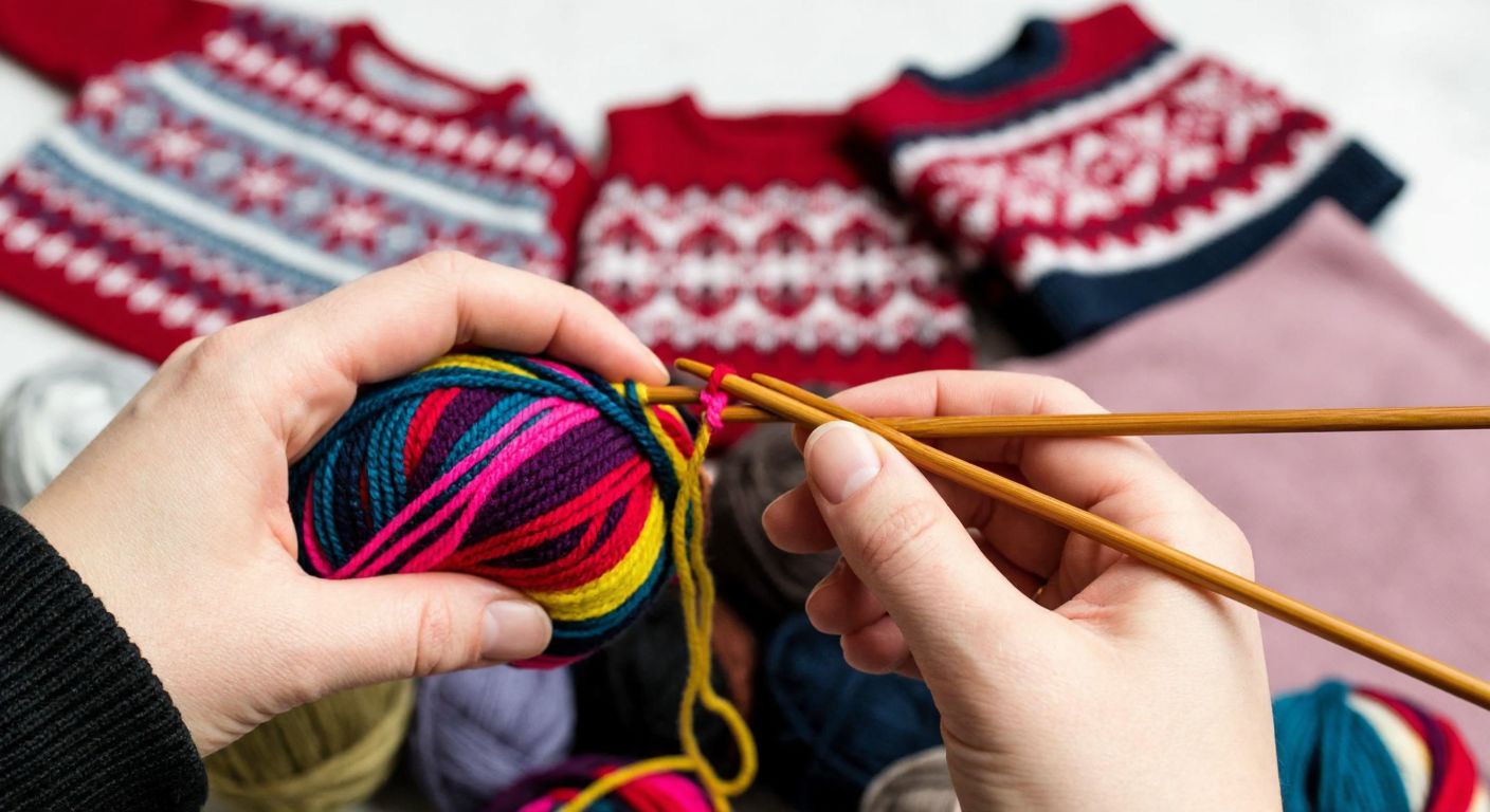 A pair of hands holding knitting needles (size 4) with colorful yarn, surrounded by small piles of knitted baby vests, scarves, and sweaters in warm, traditional Turkish patterns.
