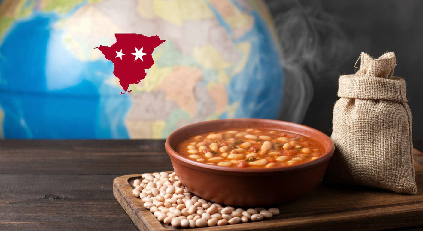 A rustic wooden table in a Turkish kitchen holds a steaming bowl of kuru fasulye alongside a small sack of dried beans, with a map of Turkey and a globe subtly placed in the background.