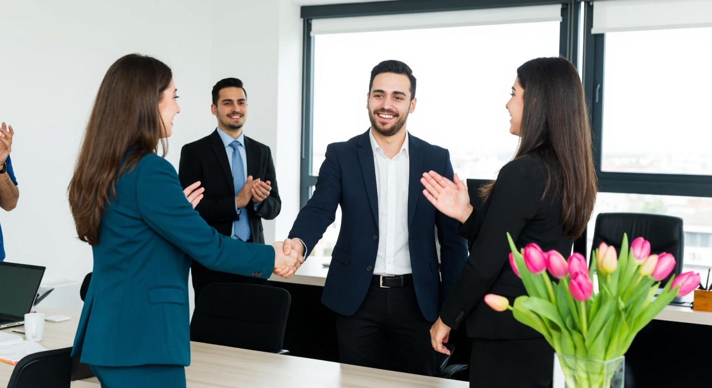 A smiling manager in a modern Turkish office warmly shaking hands with a proud employee, surrounded by colleagues clapping and a vase of tulips on a nearby desk.