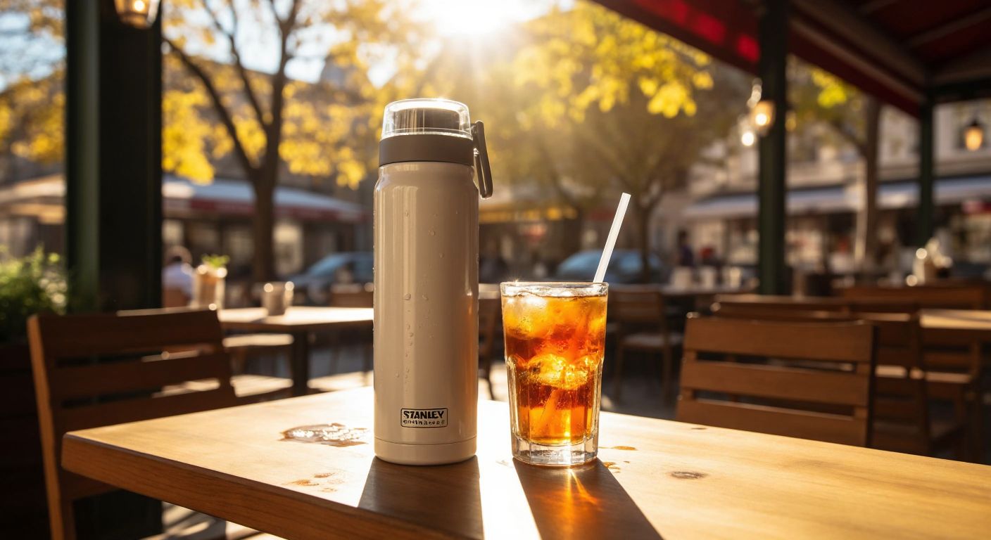 A sleek white Stanley thermos with a flip straw sits on a sunlit wooden table beside a glass of iced tea, condensation dripping down its sides, evoking refreshing coolness in a Turkish café setting.