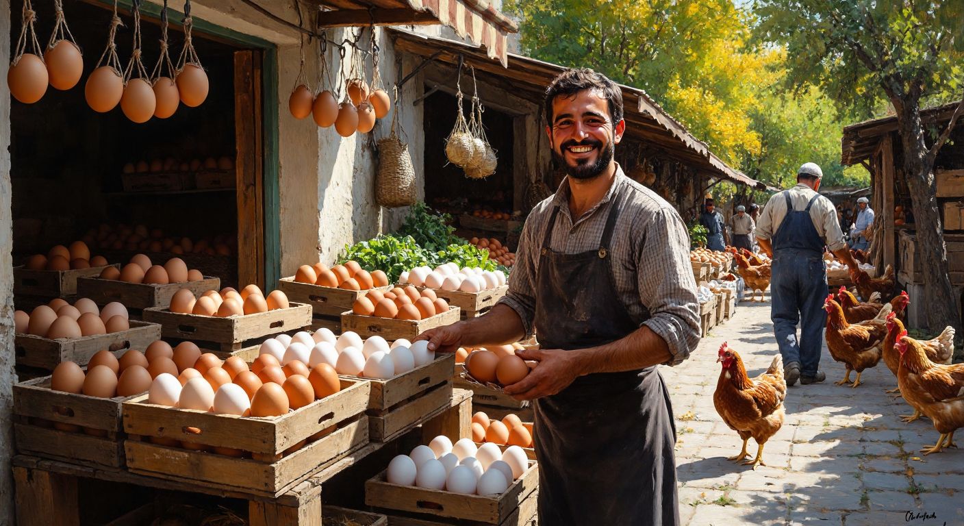 A cheerful vendor in a bustling Turkish market stall arranging fresh eggs in wooden crates, while a farmer in the background tends to chickens in a sunlit coop.