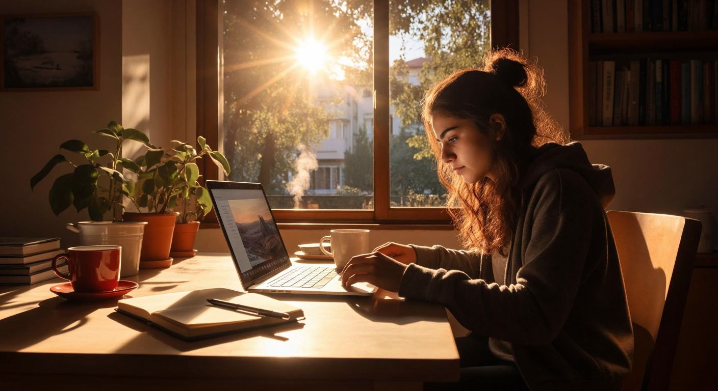 A focused Turkish student sits at a wooden desk with a laptop open to the Esutr platform, sunlight streaming through a window onto a notebook and pen, while a steaming cup of çay rests nearby.