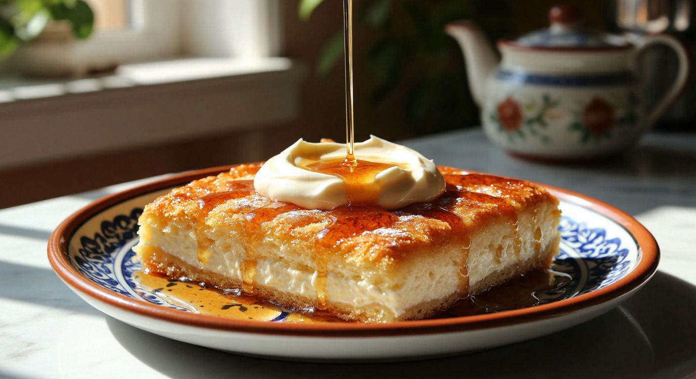 A warm, golden-brown Cypriot dessert fresh from the oven, drizzled with syrup and topped with creamy frosting, placed on a traditional Turkish ceramic plate in a sunlit kitchen.