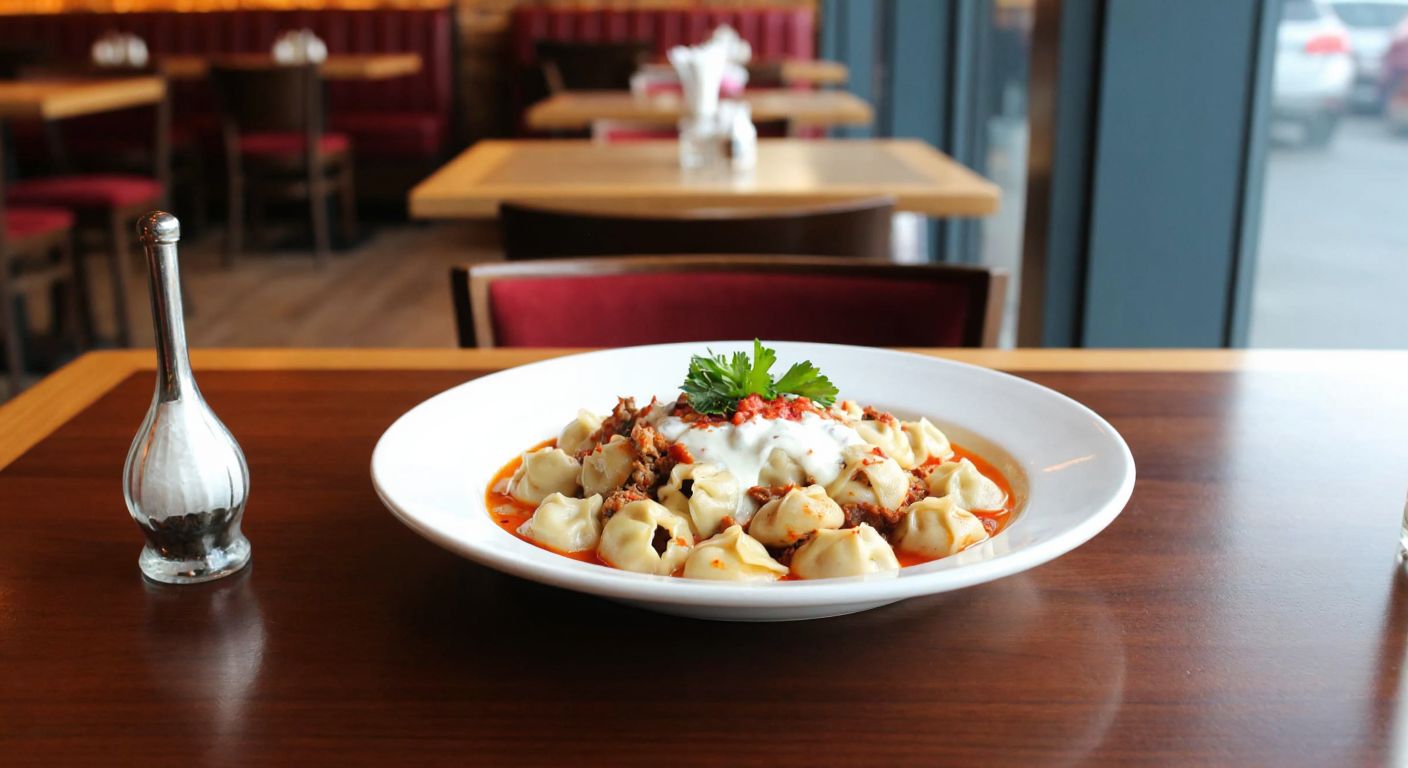 A steaming plate of Turkish manti, garnished with garlic yogurt and red pepper oil, sits on a wooden table in a cozy Anatolian restaurant, with a warm, inviting atmosphere.