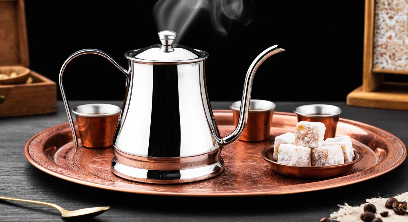 A sleek stainless steel Turkish coffee pot with a polished surface sits on a traditional copper tray, steam rising from its spout, surrounded by small cups and a bowl of Turkish delight.