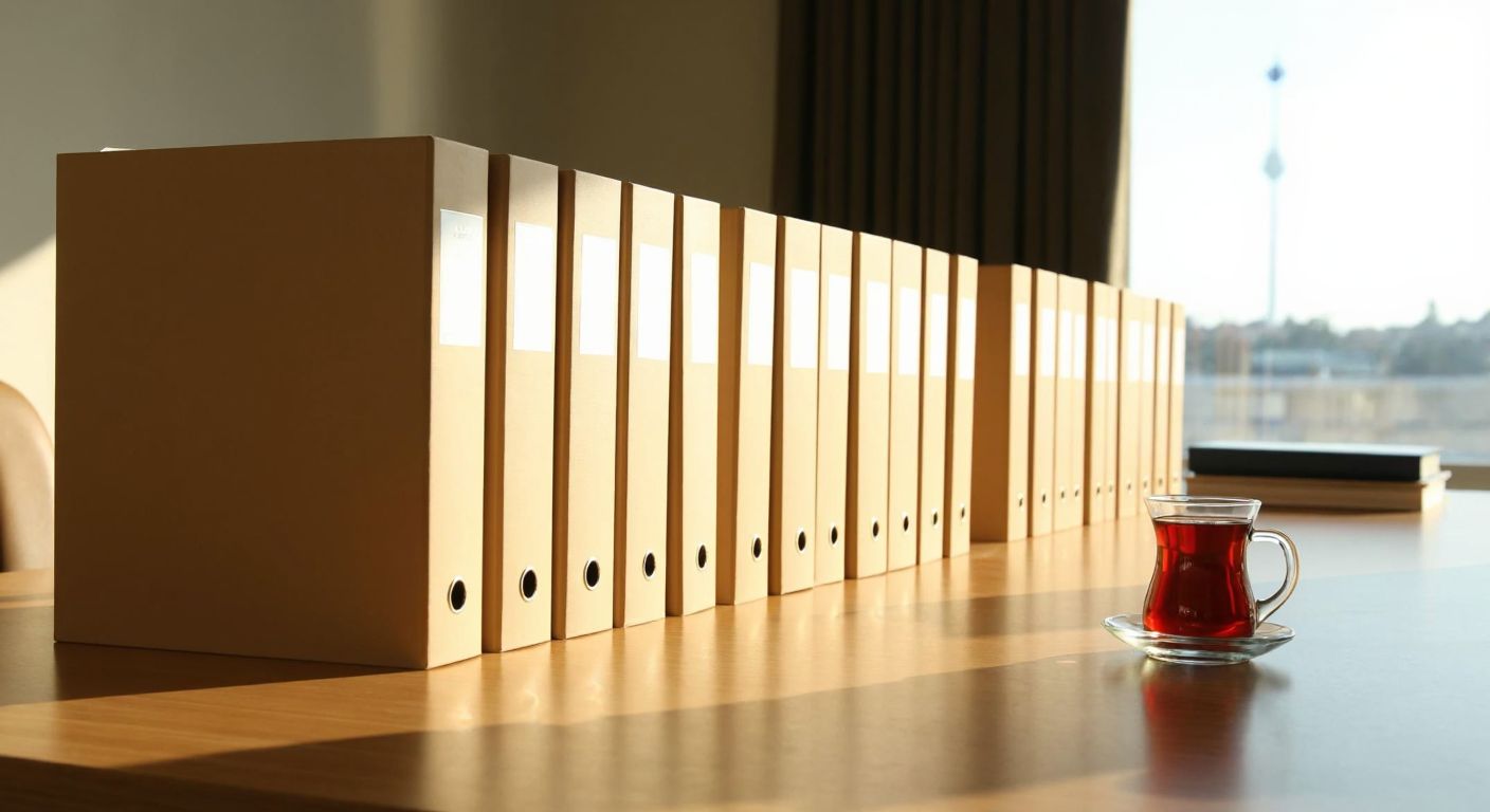 A neatly organized row of tan-colored office folders with blank spines, placed on a wooden desk in a sunlit Turkish government office, with a steaming cup of Turkish tea beside them.