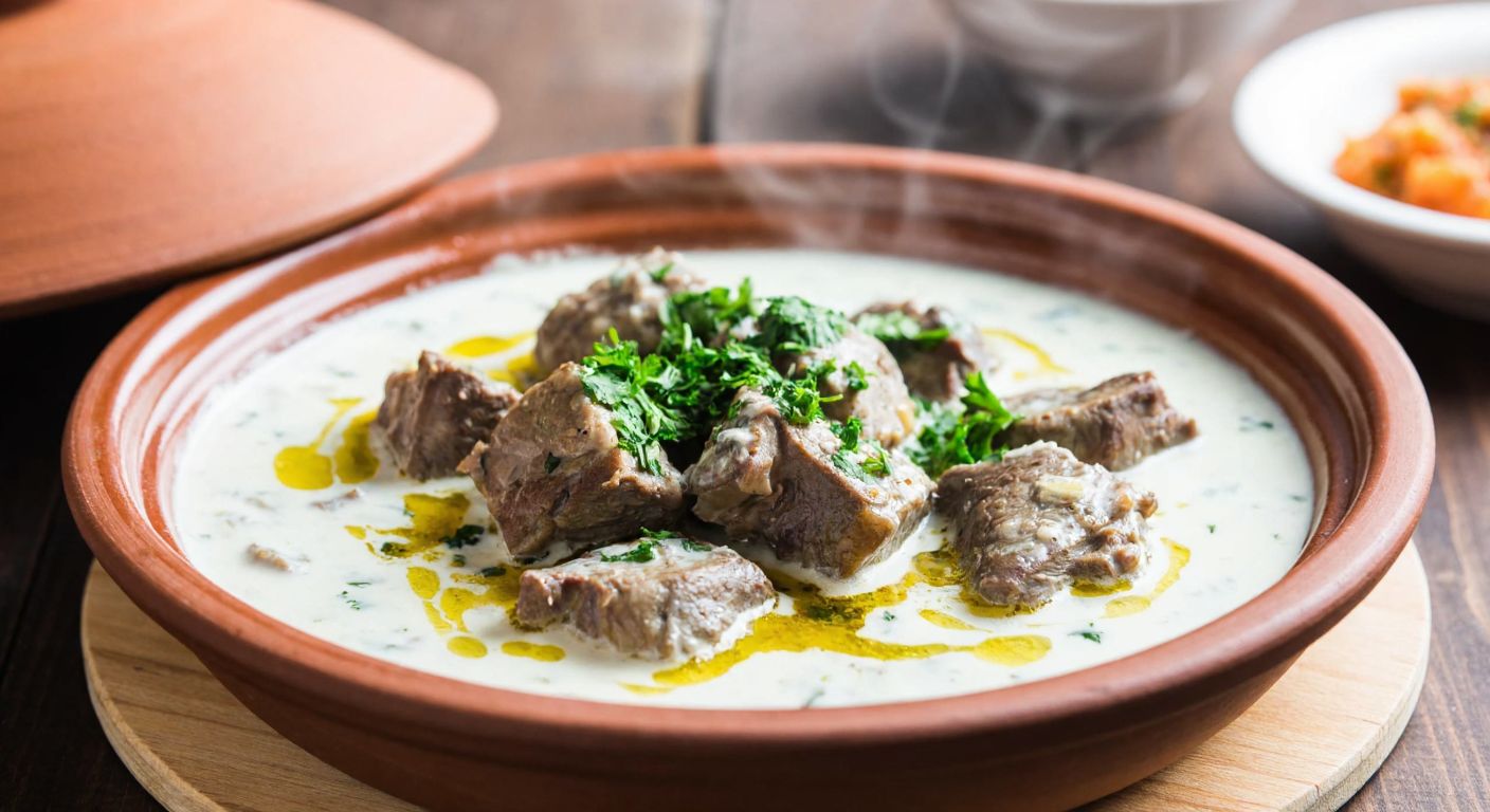A steaming clay dish filled with tender lamb or goat meat in a creamy yogurt sauce, garnished with fresh herbs, resting on a rustic wooden table in a cozy Turkish kitchen.