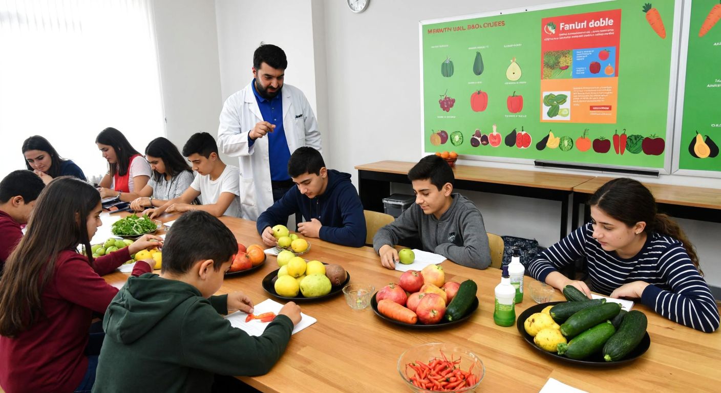 A Turkish high school classroom with students attentively examining fresh fruits and vegetables on a wooden table, while a teacher in a white lab coat gestures toward a colorful poster depicting farm-to-table processes.