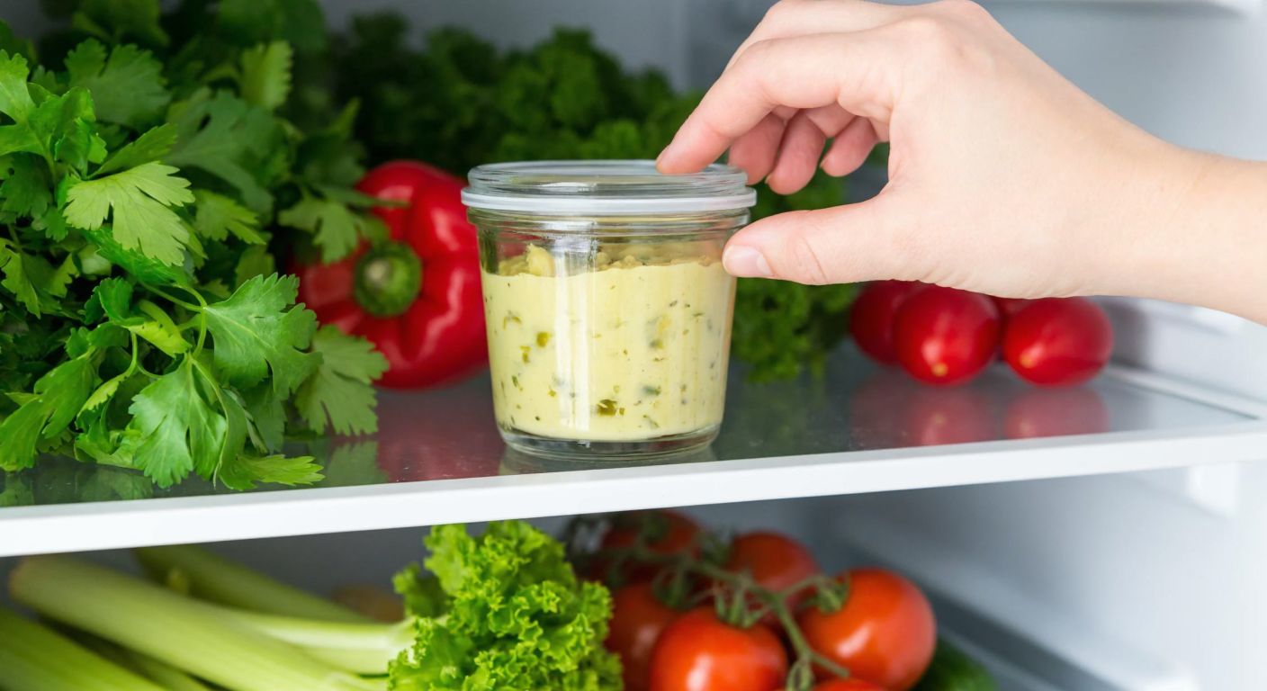 A small glass container filled with creamy bakla fava sits on a shelf inside a refrigerator, surrounded by fresh herbs and vegetables, with a hand placing a lid on top.