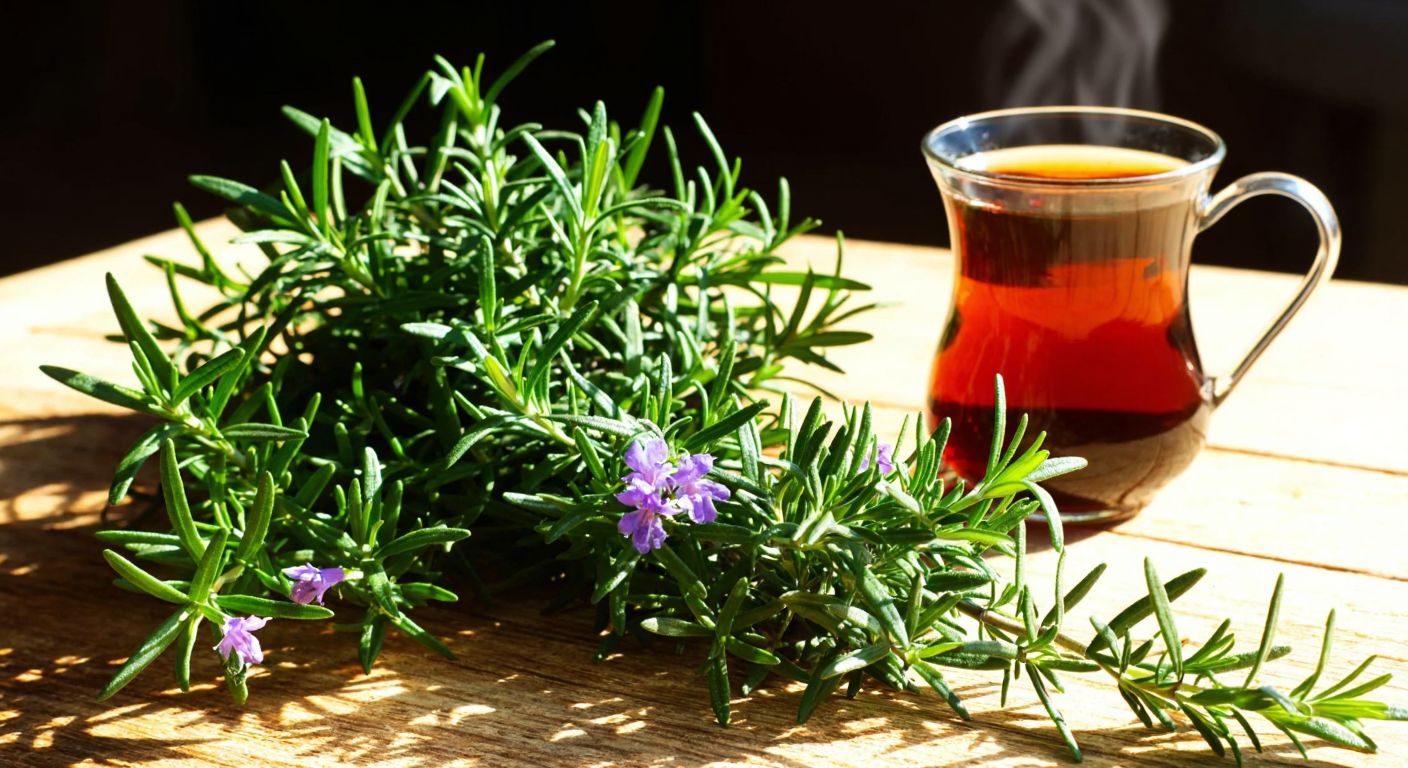 A vibrant rosemary plant with slender green leaves and tiny purple flowers, bathed in warm sunlight, resting on a rustic wooden table beside a steaming cup of herbal tea in a traditional Turkish ceramic cup.