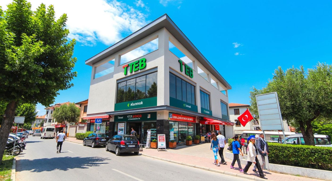 A modern bank building with a TEB logo (not legible) on a sunny street in İçmeler Mahallesi, Tuzla, surrounded by pedestrians and small shops, with a Turkish flag subtly visible nearby.