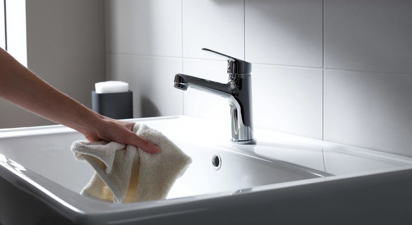 A gleaming chrome E.C.A. faucet installed on a white ceramic sink in a sunlit Turkish bathroom, with a hand holding a soft cloth gently wiping its surface.