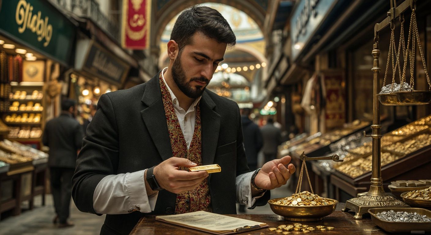 A Turkish investor in a traditional bazaar thoughtfully weighing a small gold bar in one hand and a financial document representing a gold fund in the other, with a jeweler's scale and a stock market chart faintly visible in the background.