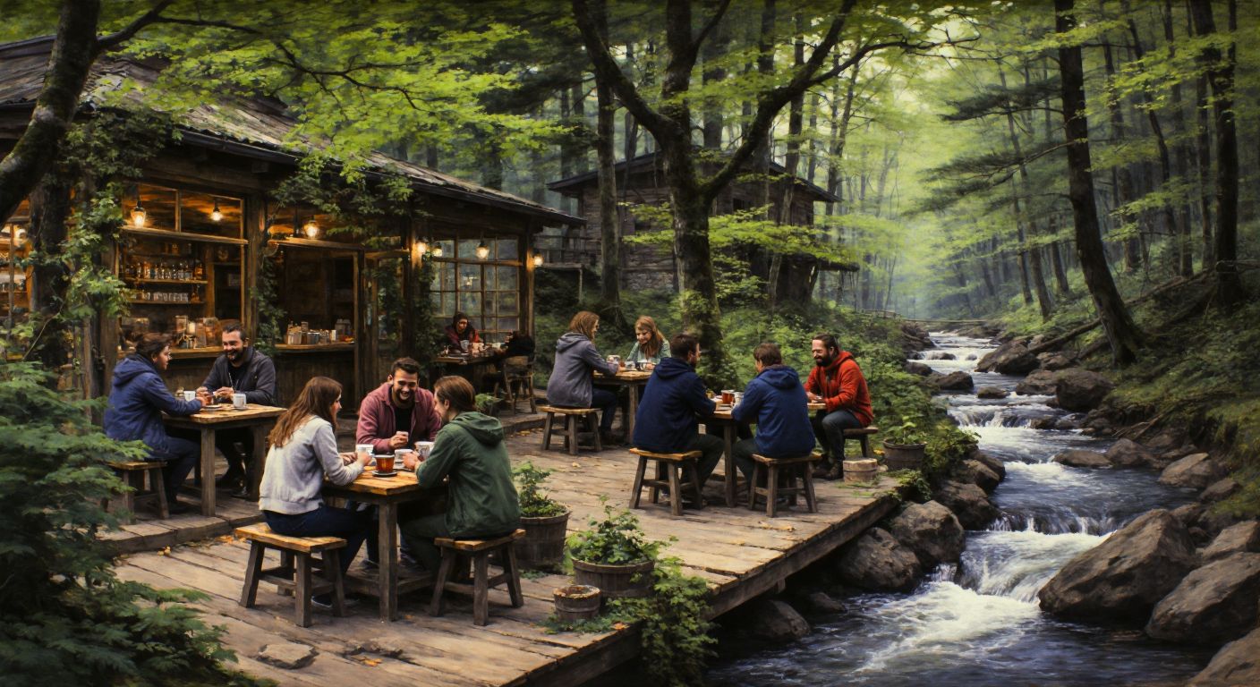 A cozy forest café with wooden tables surrounded by lush greenery, where a group of smiling friends in casual outdoor attire share freshly brewed Turkish coffee near a bubbling stream.