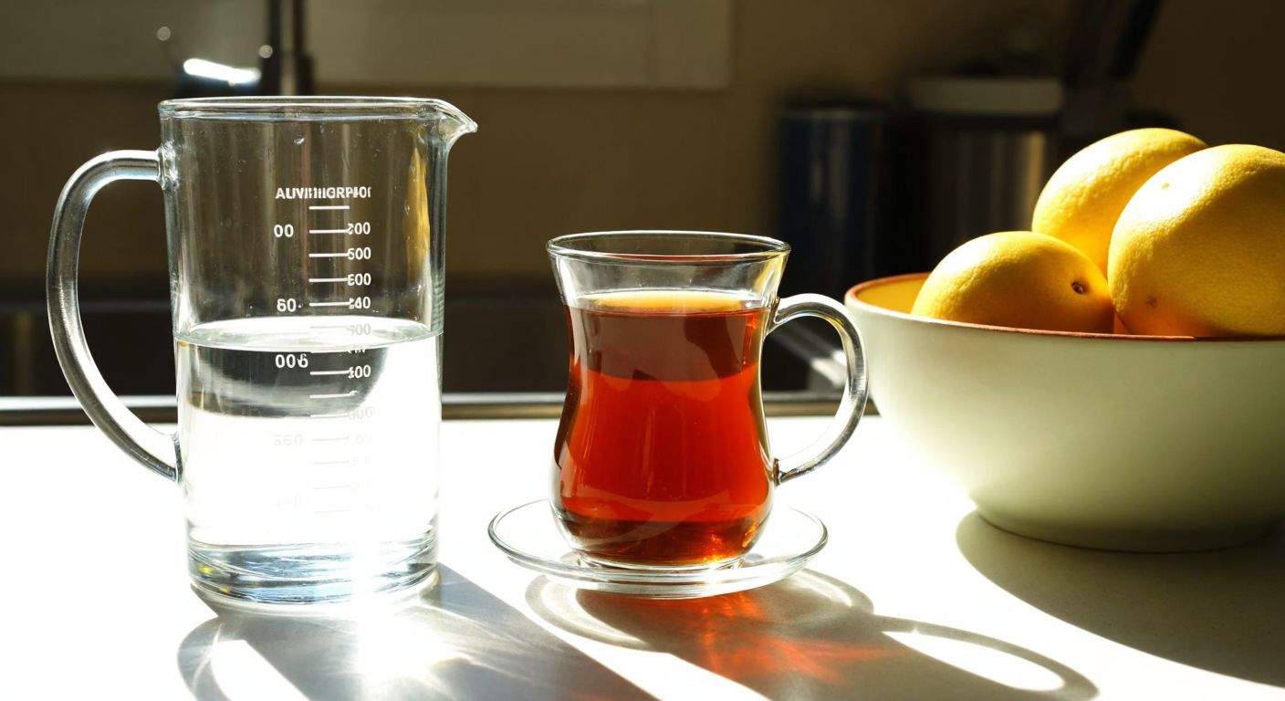 A clear glass measuring cup filled with water up to the 8-ounce mark, placed beside a traditional Turkish tea glass on a sunlit kitchen counter with a bowl of lemons nearby.