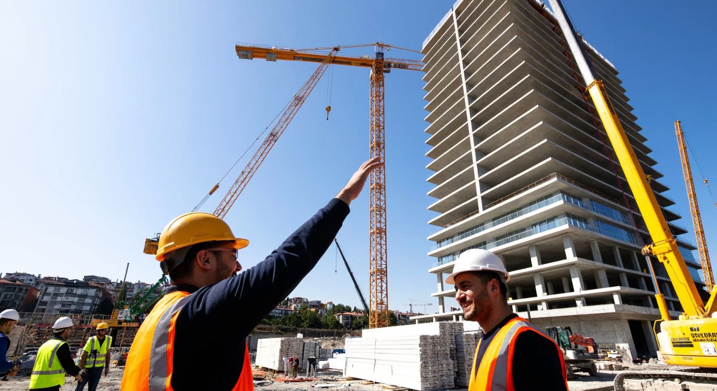 A bustling construction site in Istanbul with cranes lifting materials, workers in hard hats smiling as they collaborate, and a modern high-rise building nearing completion under a clear blue sky, reflecting optimism and growth in the sector.