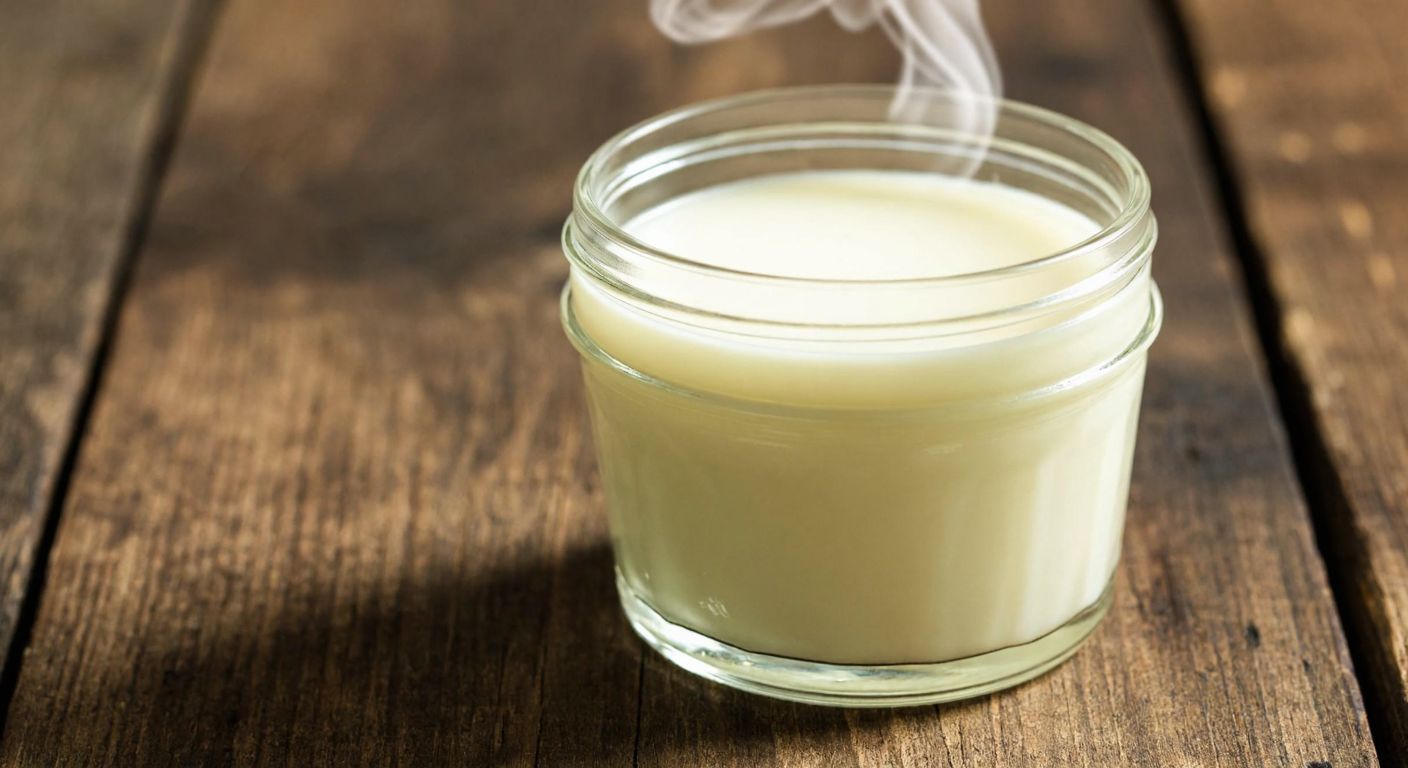 A close-up of a small, clear glass jar filled with smooth, white lard resting on a rustic wooden table, with a faint wisp of steam rising from its surface, suggesting recent cooking.