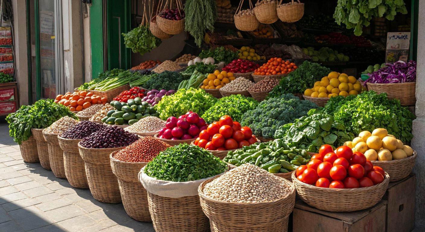 A vibrant Turkish market stall overflowing with fresh leafy greens, colorful vegetables, ripe fruits, legumes in woven sacks, and bowls of nuts and seeds, all bathed in warm sunlight.
