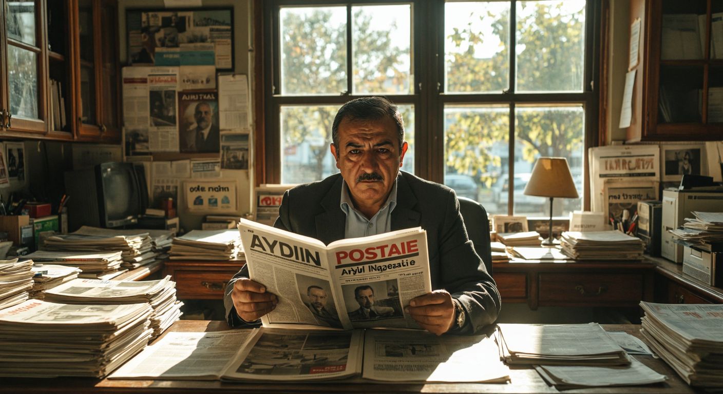 A middle-aged Turkish man with a determined expression sits at a cluttered wooden desk in a bustling newspaper office, holding a freshly printed copy of *Aydın Post Gazetesi* while sunlight streams through the window behind him.