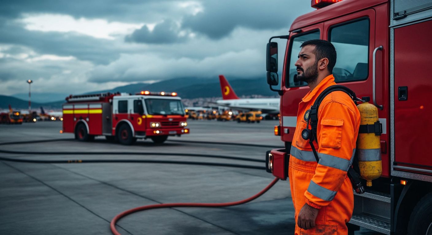 A weary but determined Turkish ARFF officer in a reflective orange jumpsuit stands beside a firetruck at a bustling airport, gripping a hose while gazing at a distant plane with focused readiness.