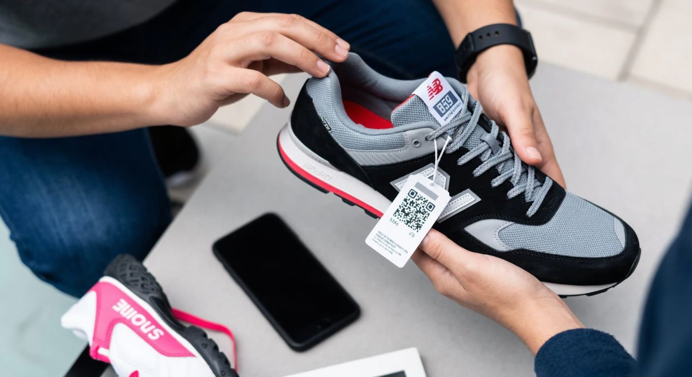 A person in Turkey holds a New Balance shoe, carefully examining its tag while their smartphone rests nearby, ready to scan for authenticity.