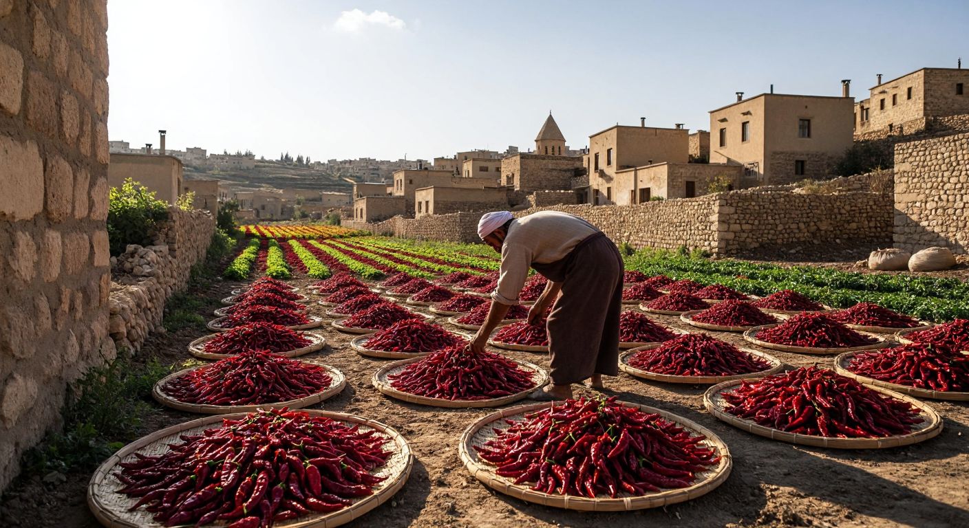 A sun-drenched field in Şanlıurfa with vibrant red isot peppers drying on woven mats, surrounded by traditional stone houses and a weathered farmer in a loose cotton shirt carefully turning the peppers under the golden sunlight.