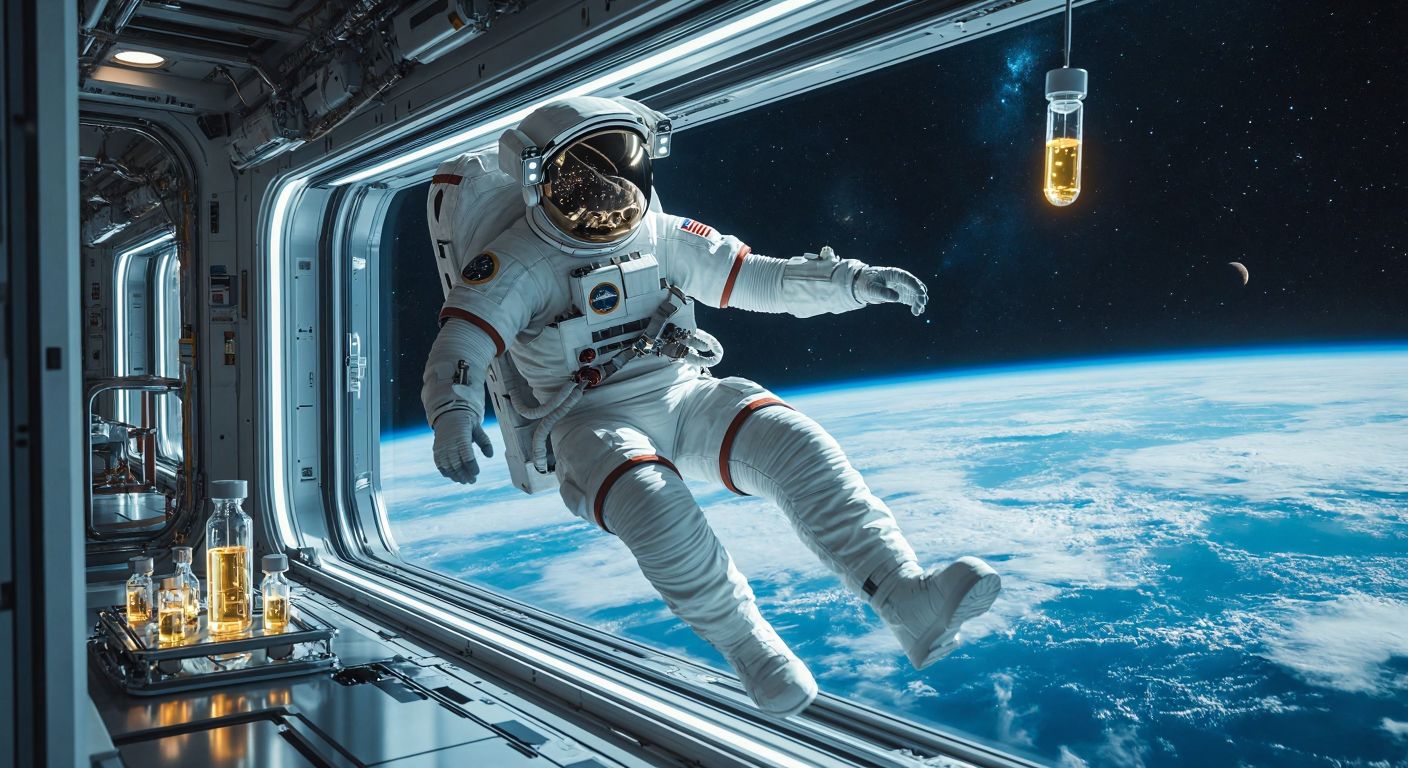 A Turkish astronaut in a sleek white space suit floats weightlessly inside a futuristic space station, conducting experiments with glowing vials while Earth's blue curvature shines through a large window.