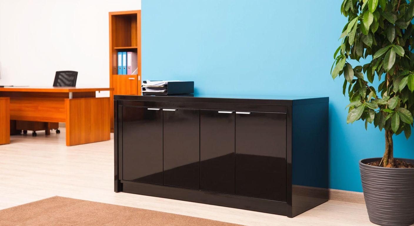 A sleek, modern steel office cabinet with a polished finish, placed in a bright Turkish office setting with warm wooden furniture and a potted ficus tree nearby.