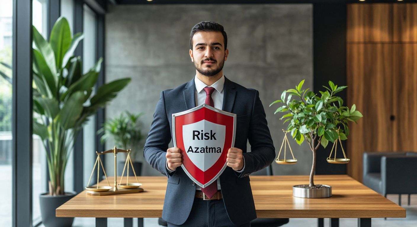 A confident Turkish businessperson in a modern office, holding a shield labeled "Risk Azaltma" while standing at the intersection of four paths—each representing a different strategy (avoidance, transfer, mitigation, and acceptance)—with a balanced scale and a growing plant symbolizing diversification and innovation in the background.