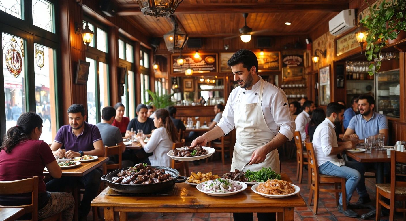 A bustling traditional Turkish liver restaurant with a warm, inviting atmosphere, where a waiter in a white apron serves sizzling plates of liver and onions to smiling customers seated at wooden tables, with no alcoholic beverages in sight.