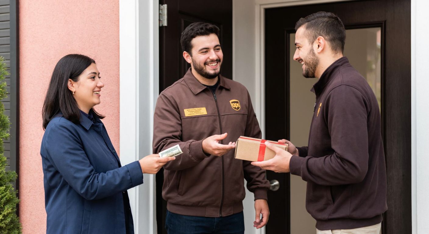 A UPS delivery worker in a brown uniform hands a small package to a smiling customer at a doorstep in Turkey, while the customer extends cash in return.