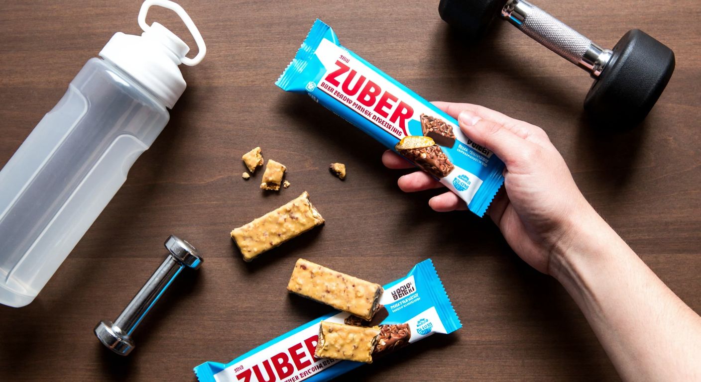 A hand holding a pack of Züber protein bars with a few bars spilling out onto a wooden table, surrounded by a fitness water bottle and a pair of dumbbells.