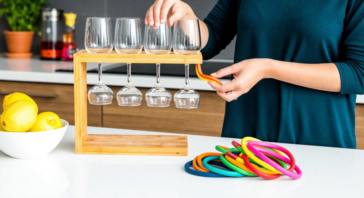 A vibrant Turkish kitchen scene with a woman using a rubber band to secure wine glasses on a wooden rack, while another rubber band holds together colorful cables on a countertop near a bowl of fresh lemons.