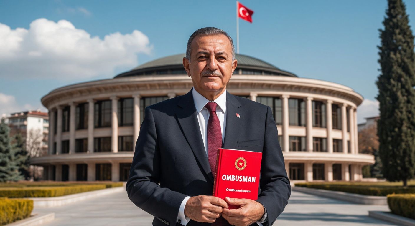 A dignified elderly Turkish man in a formal suit stands confidently in front of the Turkish Grand National Assembly building, holding a book titled "Ombudsman" while a faint silhouette of a bank building appears in the background.