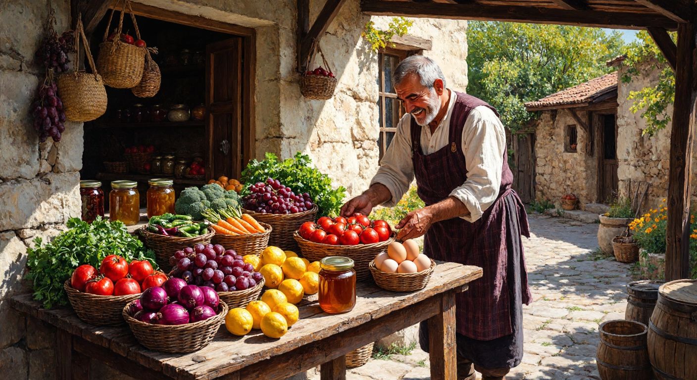 A rustic wooden table in a sunlit village setting, piled with fresh, vibrant fruits and vegetables, surrounded by baskets of homemade preserves and jars of honey, with a smiling elderly farmer in traditional Turkish clothing placing a basket of eggs nearby.
