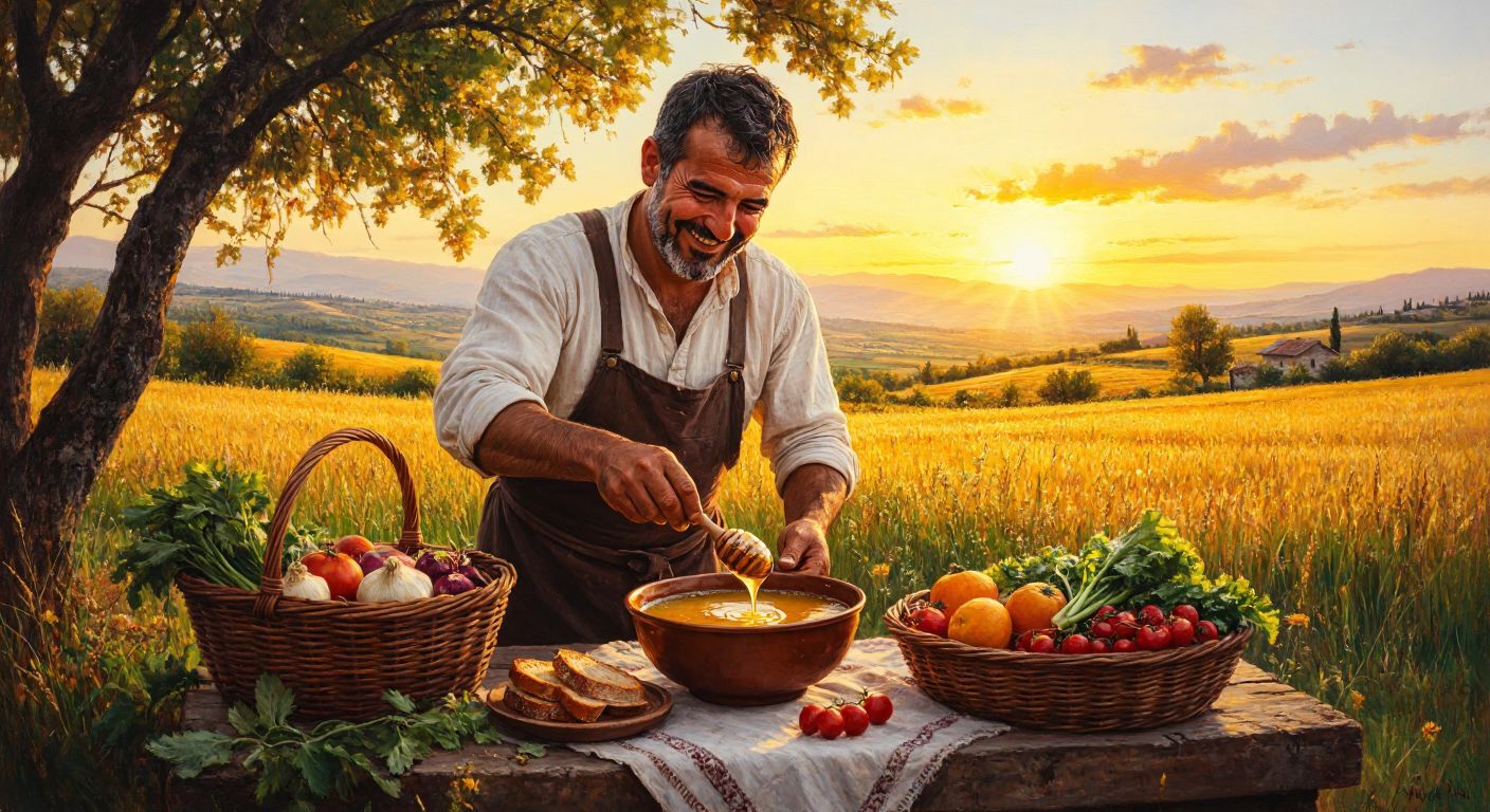 A smiling Turkish farmer in a sunlit field at dawn, pouring golden honey over a bowl of warm breakfast soup, with a basket of fresh produce beside him.