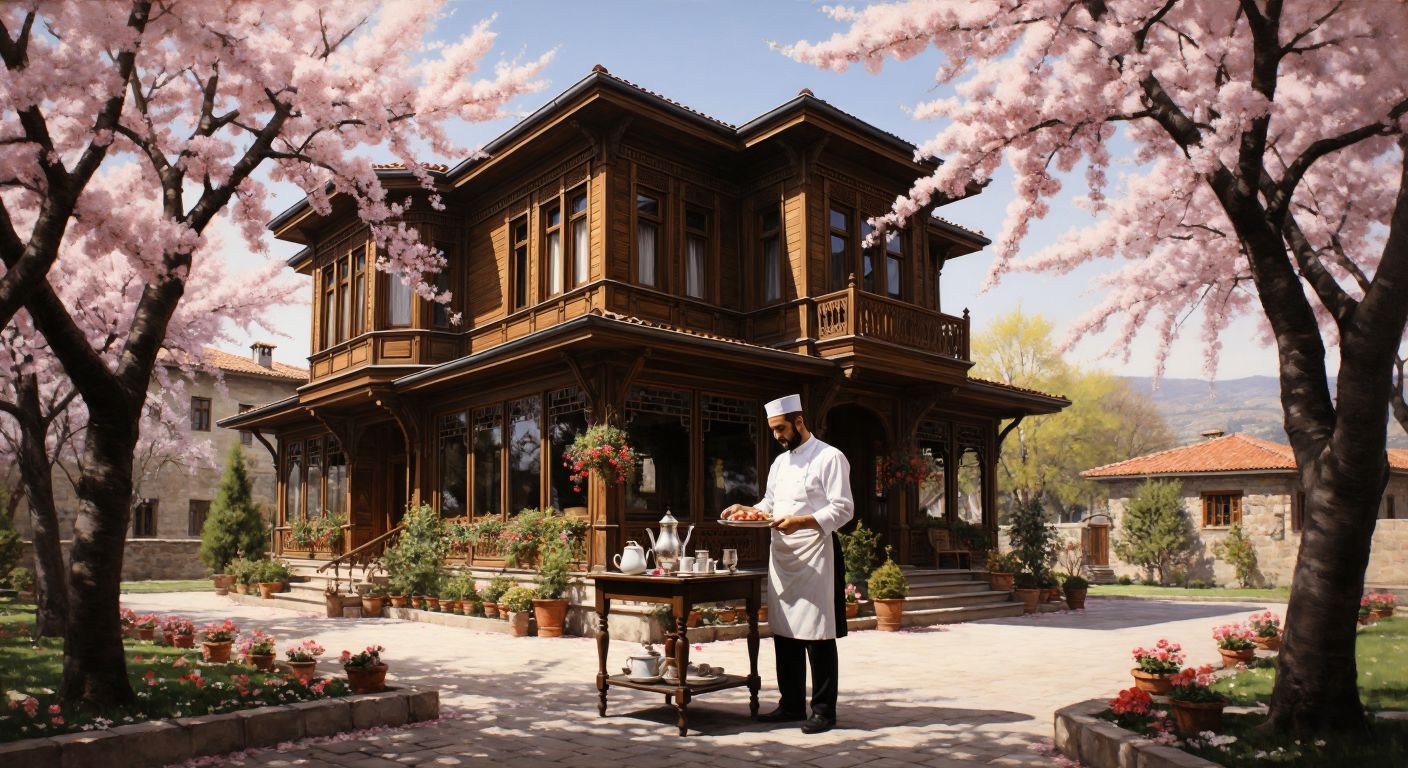A traditional Turkish wooden mansion (konak) with a serene courtyard, surrounded by cherry trees, where a waiter in a white apron politely shakes his head while holding a tray with tea glasses and Turkish delight, symbolizing the absence of alcohol.