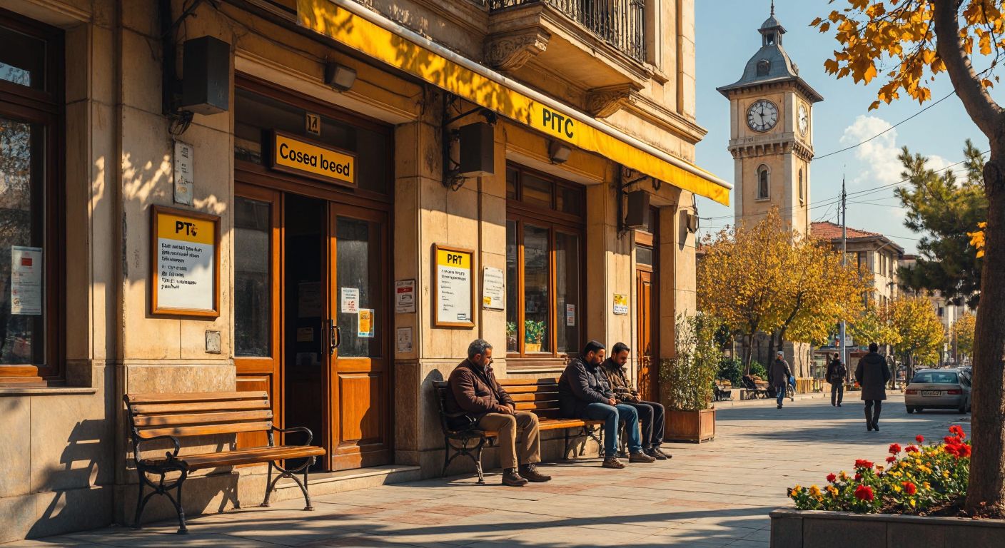 A sunlit PTT post office in Turkey with a closed sign on the door, a few waiting customers sitting on benches outside, and a clock tower in the distance showing 12:30.