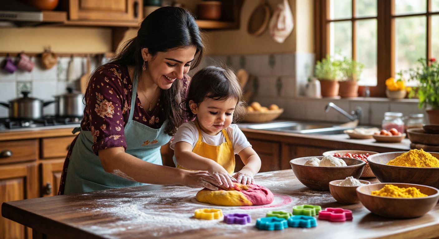A warm Turkish kitchen with a smiling mother and her curious child kneading colorful dough together on a flour-dusted wooden table, surrounded by bowls of vibrant food dyes and cookie cutters.