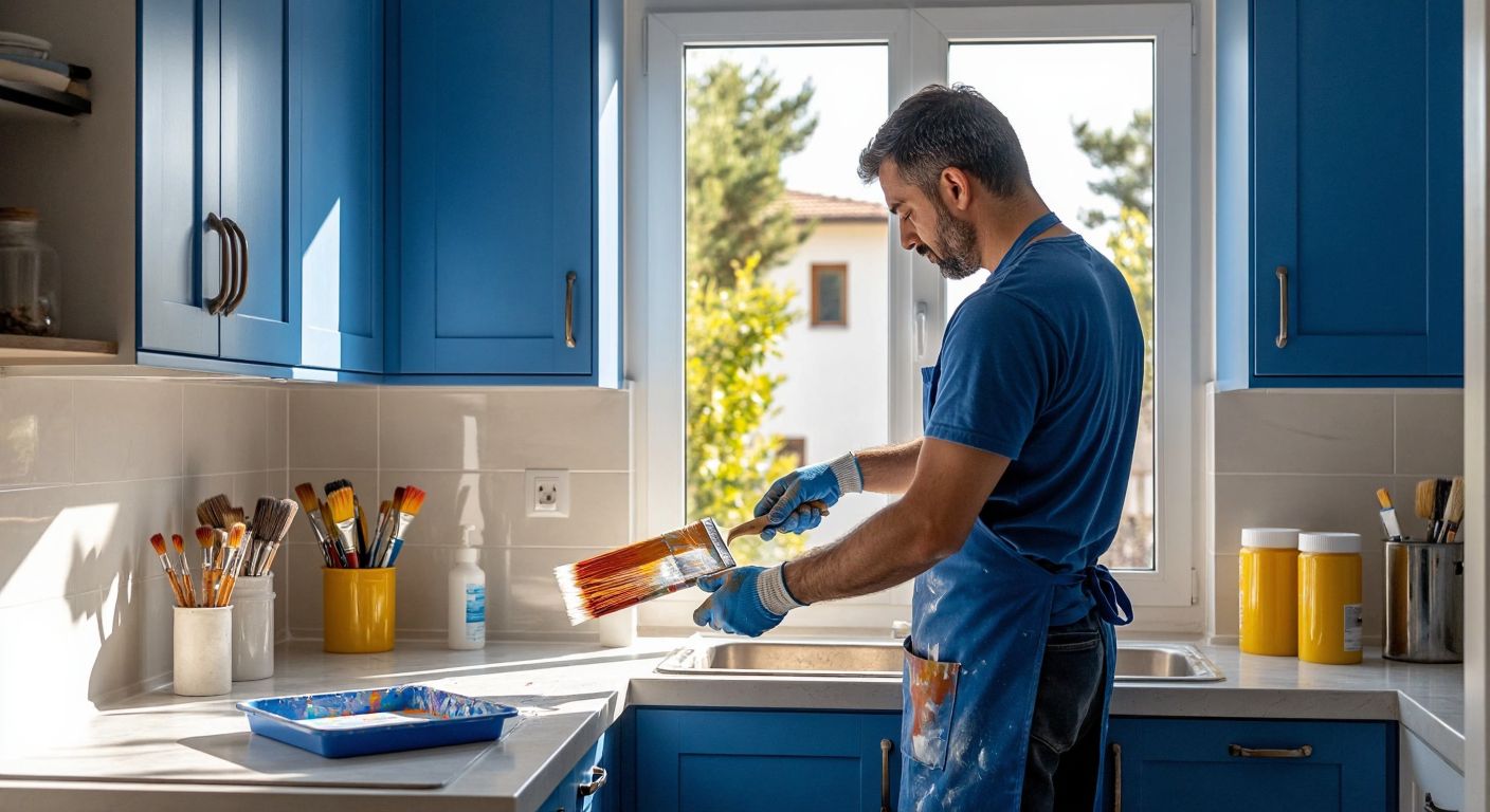 A painter in a blue apron carefully rolls smooth, glossy latex paint onto a freshly prepared kitchen wall in a sunlit Turkish home, with a tray of paint and brushes nearby.