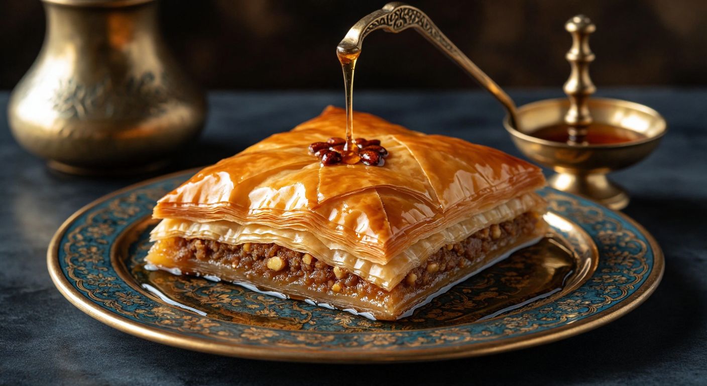 A golden-brown baklava with crisp layers of phyllo dough, dripping with syrup, placed on a decorative Turkish ceramic plate beside a small brass scale showing two delicate slices.